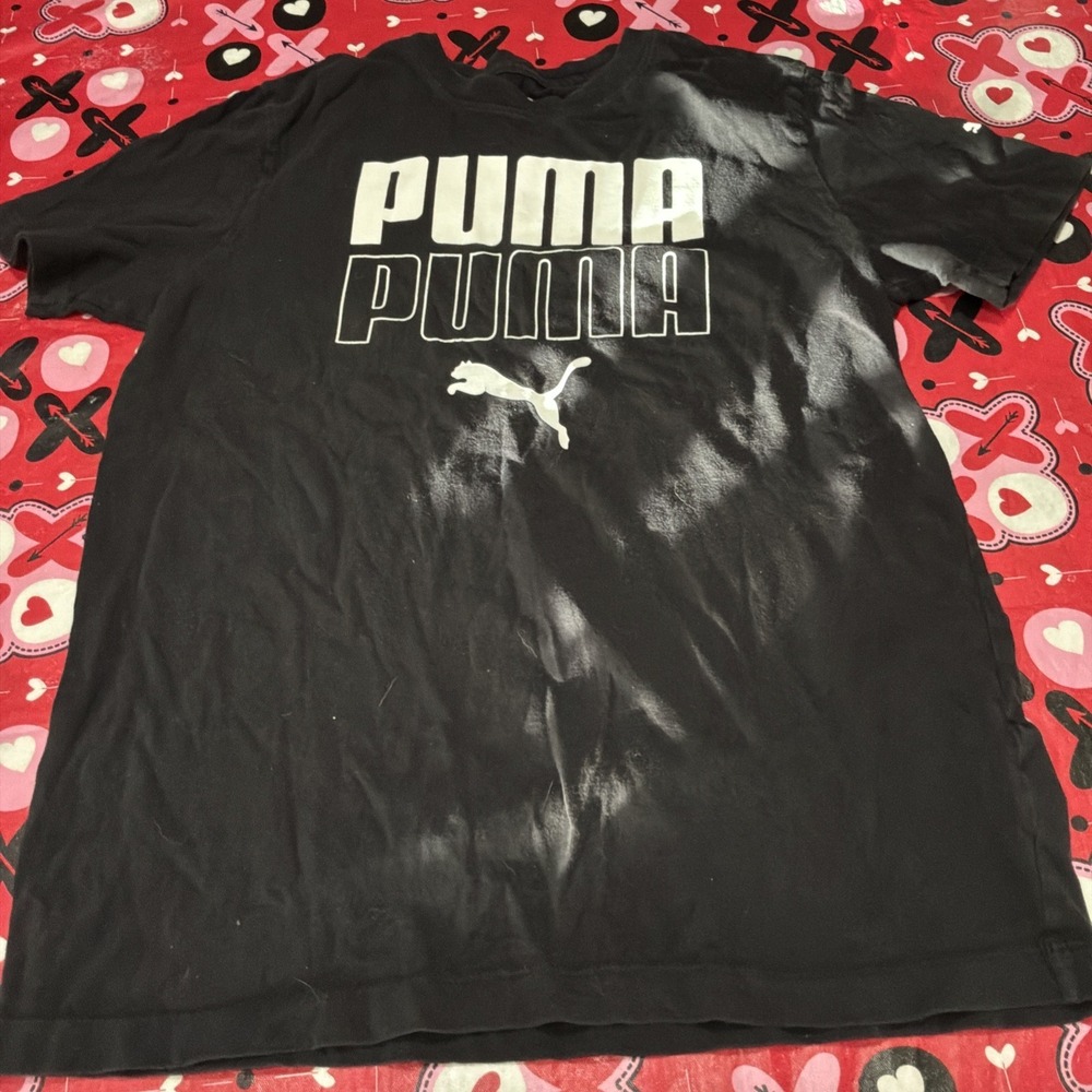 PUMA Men's Small Seeing Double Tee Black Athletic Logo 100% Cotton‎